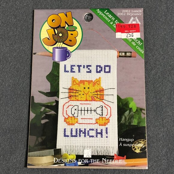 On the Job Learn to Cross Stitch Kit #2062 Let's Do Lunch! Cat/Fish 2.5" x 4.25" - Picture 1 of 3